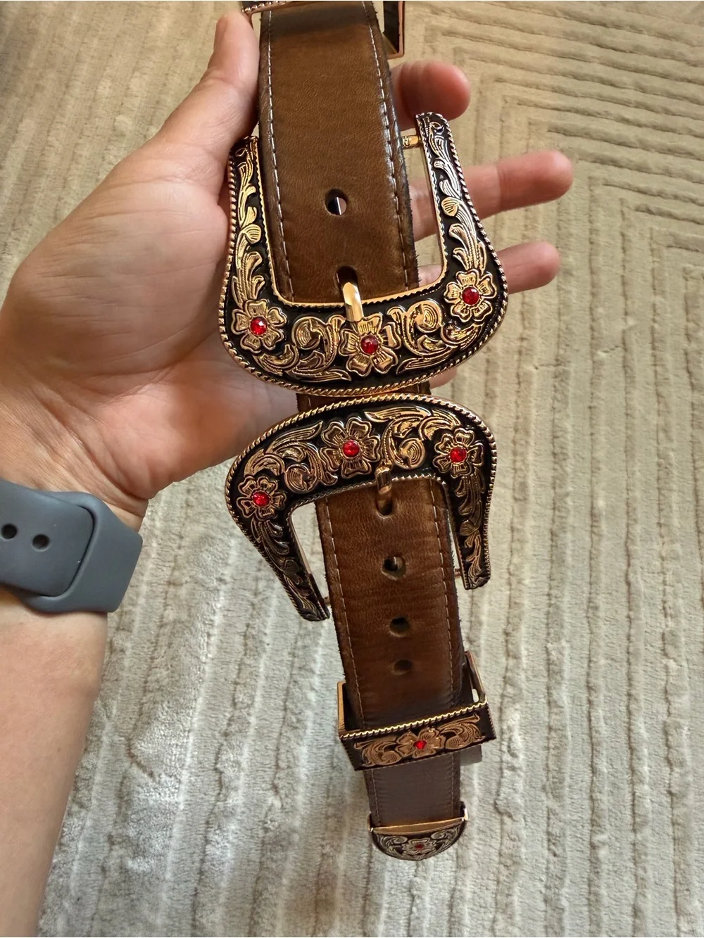 Women's Brown Leather Double Western Buckle Belt with Silver Floral Accents